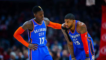 Dennis Schroder, Paul George, OKC Thunder (Photo by Zach Beeker/NBAE via Getty Images)
