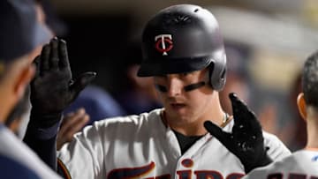 MINNEAPOLIS, MN - SEPTEMBER 27: Tyler Austin #31 of the Minnesota Twins celebrates scoring a run against the Detroit Tigers during the fifth inning of the game on September 27, 2018 at Target Field in Minneapolis, Minnesota. The Twins defeated the Tigers 9-3. (Photo by Hannah Foslien/Getty Images)