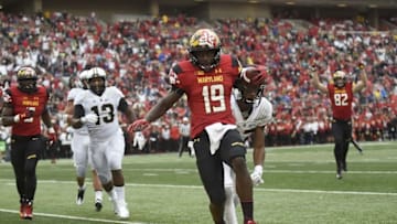 Oct 1, 2016; College Park, MD, USA; Maryland Terrapins wide receiver Teldrick Morgan (19) scores a touchdown during the third quarter against the Purdue Boilermakers at Byrd Stadium. Mandatory Credit: Tommy Gilligan-USA TODAY Sports