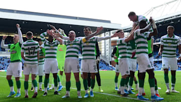 GLASGOW, SCOTLAND - SEPTEMBER 01: Scott Brown and the Celtic team celebrate at the final whistle as they beat Rangers 2-0 during the Ladbrokes Premiership match between Rangers and Celtic at Ibrox Stadium on September 1, 2019 in Glasgow, Scotland. (Photo by Mark Runnacles/Getty Images)