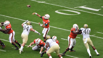 Nov 5, 2016; Miami Gardens, FL, USA; Miami Hurricanes quarterback Brad Kaaya (15) throws a pass during the first half against Pittsburgh Panthers at Hard Rock Stadium. Mandatory Credit: Steve Mitchell-USA TODAY Sports