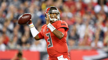 TAMPA, FL - OCTOBER 05: Tampa Bay Buccaneers quarterback Jameis Winston (3) prepares to throw a pass during an NFL football game between the New England Patriots and the Tampa Bay Buccaneers on October 05, 2017, at Raymond James Stadium in Tampa, FL. The Patriots defeated the Buccaneers 19-14. (Photo by Roy K. Miller/Icon Sportswire via Getty Images)