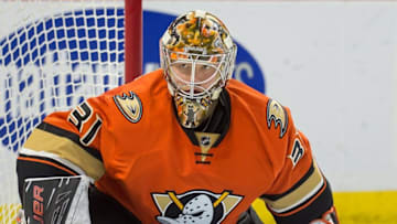 Mar 26, 2016; Ottawa, Ontario, CAN; Anaheim Ducks goalie Frederik Andersen (31) prior to the start of the second period against the Ottawa Senators at the Canadian Tire Centre. The Ducks defeated the Senators 4-3 in overtime. Mandatory Credit: Marc DesRosiers-USA TODAY Sports