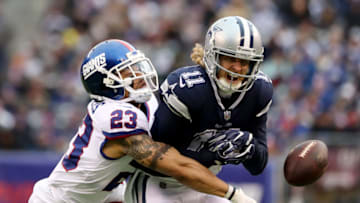 EAST RUTHERFORD, NEW JERSEY - DECEMBER 10: Cole Beasley #11 of the Dallas Cowboys misses a catch against Darryl Morris #23 of the New York Giants in the second half during the game at MetLife Stadium on December 10, 2017 in East Rutherford, New Jersey. (Photo by Elsa/Getty Images)