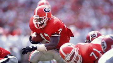 2 Sep 1995: UNIVERSITY OF GEORGIA RUNNING BACK ROBERT EDWARDS CARRIES THE FOOTBALL DURING THE BULLDOGS 42-23 WIN OVER THE UNIVERSITY OF SOUTH CAROLINA AT SANFORD STADIUM IN ATHENS, GEORGIA.