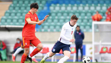 CARDIFF, WALES - MARCH 29: Liam Delap of England U18 in action during the International Friendly match between Wales U18 and England U18 at Leckwith Stadium on March 29, 2021 in Cardiff, Wales. (Photo by Athena Pictures/Getty Images)