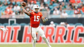 MIAMI, FLORIDA - SEPTEMBER 14: Jarren Williams #15 of the Miami Hurricanes throws a pass against the Bethune Cookman Wildcats during the second half at Hard Rock Stadium on September 14, 2019 in Miami, Florida. (Photo by Michael Reaves/Getty Images)