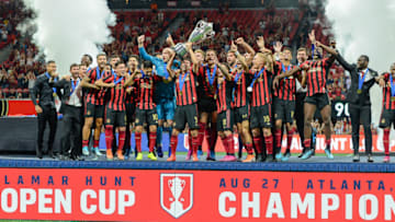 ATLANTA, GA AUGUST 27: Atlanta United players celebrate after winning the US Open Cup final match between Minnesota United FC and Atlanta United FC on August 27th, 2019 at Mercedes-Benz Stadium in Atlanta, GA. (Photo by Rich von Biberstein/Icon Sportswire via Getty Images)