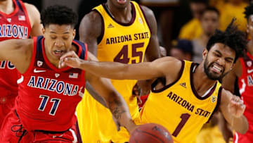 TEMPE, ARIZONA - JANUARY 31: Remy Martin #1 of the Arizona State Sun Devils and Ira Lee #11 of the Arizona Wildcats fight for a loose ball during the first half of the college basketball game at Wells Fargo Arena on January 31, 2019 in Tempe, Arizona. (Photo by Chris Coduto/Getty Images)