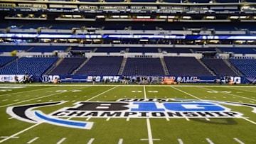 Dec 5, 2015; Indianapolis, IN, USA; General view of the logo on the field prior to the game between the Michigan State Spartans and the Iowa Hawkeyes in the Big Ten Conference football championship at Lucas Oil Stadium. Mandatory Credit: Shanna Lockwood-USA TODAY Sports