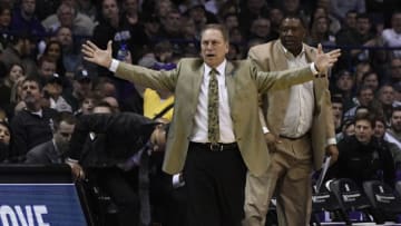 ROSEMONT, IL - FEBRUARY 17: Head coach Tom Izzo of the Michigan State Spartans reacts to a call during the first half on February 17, 2018 at Allstate Arena in Rosemont, Illinois. (Photo by David Banks/Getty Images)