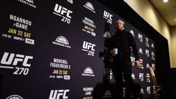 French mixed martial arts fighter Ciryl Gane leaves a press conference in Anaheim, California on January 19, 2022 ahead of his UFC 270 Heavyweight Championship fight against French Cameroonian fighter Francis Ngannou on January 22 at the Anaheim Convention Center. (Photo by Frederic J. BROWN / AFP) (Photo by FREDERIC J. BROWN/AFP via Getty Images)