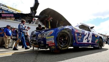 Feb 21, 2016; Daytona Beach, FL, USA; The car of NASCAR Sprint Cup Series driver Chase Elliott (not pictured) is towed into the garage after a wreck during the Daytona 500 at Daytona International Speedway. Mandatory Credit: Peter Casey-USA TODAY Sports