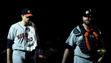 PHOENIX, AZ - MAY 05: Starting pitcher Charlie Morton #50 and catcher Brian McCann #16 of the Houston Astros prepare for the MLB game against the Arizona Diamondbacks at Chase Field on May 5, 2018 in Phoenix, Arizona. (Photo by Jennifer Stewart/Getty Images)