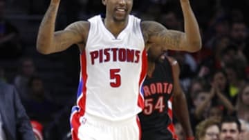 Mar 24, 2015; Auburn Hills, MI, USA; Detroit Pistons guard Kentavious Caldwell-Pope (5) celebrates after scoring during the second quarter against the Toronto Raptors at The Palace of Auburn Hills. Mandatory Credit: Raj Mehta-USA TODAY Sports