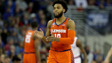 OMAHA, NE - MARCH 23: Gabe DeVoe #10 of the Clemson Tigers reacts against the Kansas Jayhawks during the second half in the 2018 NCAA Men's Basketball Tournament Midwest Regional at CenturyLink Center on March 23, 2018 in Omaha, Nebraska. (Photo by Streeter Lecka/Getty Images)