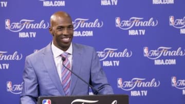 Jun 9, 2013; Miami, FL, USA; Chauncey Billups wins inaugural Twyman-Stokes Teammate of the Year Award trophy honoring best teammate in the NBA during a press conference prior to game two of the 2013 NBA Finals at American Airlines Arena. Mandatory Credit: Derick E. Hingle-USA TODAY Sports