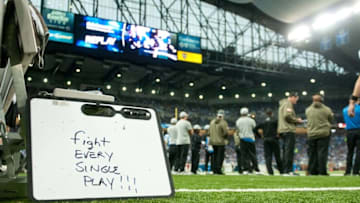 Nov 9, 2014; Detroit, MI, USA; A detailed view of a white board on the Detroit Lions sideline during the second quarter against the Miami Dolphins at Ford Field. Mandatory Credit: Tim Fuller-USA TODAY Sports