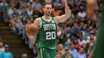 CHAPEL HILL, NC - SEPTEMBER 28: Gordon Hayward #20 of the Boston Celtics dribbles up court against the Charlotte Hornets in the third quarter of a preseason game at Dean Smith Center on September 28, 2018 in Chapel Hill, North Carolina. NOTE TO USER: User expressly acknowledges and agrees that, by downloading and or using this photograph, User is consenting to the terms and conditions of the Getty Images License Agreement. The Hornets won 104-97. (Photo by Lance King/Getty Images)