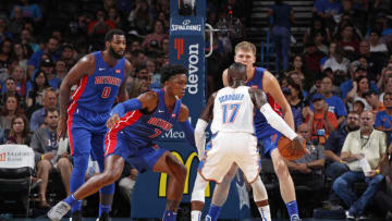 OKLAHOMA CITY, OK - OCTOBER 3: Dennis Schroder #17 of the Oklahoma City Thunder handles the ball against the Detroit Pistons during a pre-season game on October 3, 2018 at the Chesapeake Energy Arena in Oklahoma City, Oklahoma. NOTE TO USER: User expressly acknowledges and agrees that, by downloading and or using this photograph, User is consenting to the terms and conditions of the Getty Images License Agreement. Mandatory Copyright Notice: Copyright 2018 NBAE (Photo by Jeff Haynes/NBAE via Getty Images)