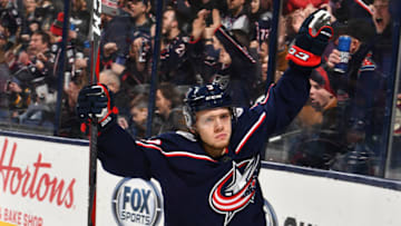 COLUMBUS, OH - FEBRUARY 18: Artemi Panarin #9 of the Columbus Blue Jackets reacts after scoring a goal during the first period of a game against the Pittsburgh Penguins on February 18, 2018 at Nationwide Arena in Columbus, Ohio. (Photo by Jamie Sabau/NHLI via Getty Images)