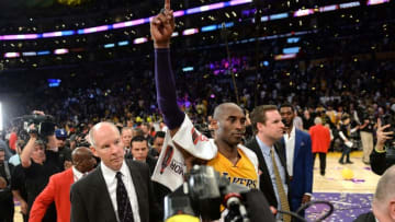Apr 13, 2016; Los Angeles, CA, USA; Los Angeles Lakers forward Kobe Bryant (24) acknowledges the crowd as he walks off the court at the end of the final game of his career at Staples Center. The Lakers defeated the Utah Jazz 101-96. Mandatory Credit: Robert Hanashiro-USA TODAY Sports