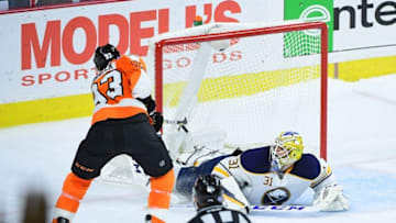 Oct 25, 2016; Philadelphia, PA, USA; Philadelphia Flyers right wing Jakub Voracek (93) scores the game-winning goal against Buffalo Sabres goalie Anders Nilsson (31) during the shootout period at Wells Fargo Center. The Flyers defeated the Sabres 4-3 in a shootout. Mandatory Credit: Eric Hartline-USA TODAY Sports