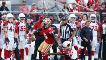SANTA CLARA, CALIFORNIA - NOVEMBER 17: Wide receiver Deebo Samuel #19 of the San Francisco 49ers runs with the football after a reception past cornerback Patrick Peterson #21 of the Arizona Cardinals during the second half of the NFL game at Levi's Stadium on November 17, 2019 in Santa Clara, California. (Photo by Lachlan Cunningham/Getty Images)