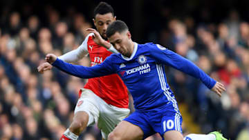 LONDON, ENGLAND - FEBRUARY 04: Eden Hazard of Chelsea battles for the ball with Francis Coquelin of Arsenal during the Premier League match between Chelsea and Arsenal at Stamford Bridge on February 4, 2017 in London, England. (Photo by Mike Hewitt/Getty Images)