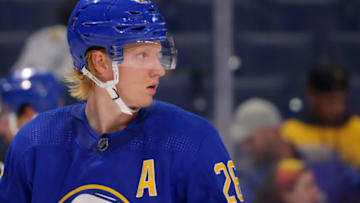 Sep 27, 2022; Buffalo, New York, USA; Buffalo Sabres defenseman Rasmus Dahlin (26) during a stoppage in play in the third period against the Philadelphia Flyers at KeyBank Center. Mandatory Credit: Timothy T. Ludwig-USA TODAY Sports