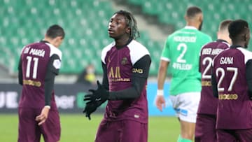 SAINT-ETIENNE, FRANCE - JANUARY 6: Moise Kean of PSG celebrates his goal during the Ligue 1 match between AS Saint-Etienne (ASSE) and Paris Saint-Germain (PSG) at Stade Geoffroy-Guichard on January 6, 2021 in Saint-Etienne, France. (Photo by John Berry/Getty Images)