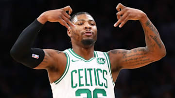BOSTON, MA - JANUARY 28: Marcus Smart #36 of the Boston Celtics reacts after hitting a three-point basket during a game against the Brooklyn Nets at TD Garden on January 28, 2019 in Boston, Massachusetts. NOTE TO USER: User expressly acknowledges and agrees that, by downloading and or using this photograph, User is consenting to the terms and conditions of the Getty Images License Agreement. (Photo by Adam Glanzman/Getty Images)