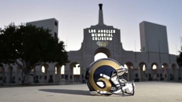 Feb 25, 2016; Los Angeles, CA, USA; General view of Los Angeles Rams helmet at the peristyle end of the Los Angeles Memorial Coliseum. The Coliseum will serve as the home of the Los Angeles Rams for the 2016 season after NFL owners voted 30-2 to allow Rams owner Stan Kroenke (not pictured) to relocate the franchise from St. Louis. Mandatory Credit: Kirby Lee-USA TODAY Sports