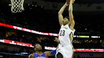 Jan 26, 2015; New Orleans, LA, USA; New Orleans Pelicans forward Anthony Davis (23) dunks the ball over Philadelphia 76ers forward Robert Covington (33) during the second half at the Smoothie King Center. The Pelicans won 99-74. Mandatory Credit: Derick E. Hingle-USA TODAY Sports