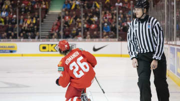 VANCOUVER, BC - DECEMBER 27: Alexander Romanov #26 of Russia celebrates after scoring a goal against Denmark in Group A hockey action of the 2019 IIHF World Junior Championship action on December, 27, 2018 at Rogers Arena in Vancouver, British Columbia, Canada. (Photo by Rich Lam/Getty Images)