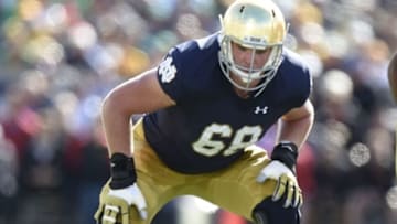 Sep 19, 2015; South Bend, IN, USA; Notre Dame Fighting Irish offensive lineman Mike McGlinchey (68) against the Georgia Tech Yellow Jackets at Notre Dame Stadium. Mandatory Credit: RVR Photos-USA TODAY Sports
