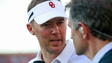 NORMAN, OK - SEPTEMBER 02: Head Coach Lincoln Riley of the Oklahoma Sooners speaks to the media after the game against the UTEP Miners at Gaylord Family Oklahoma Memorial Stadium on September 2, 2017 in Norman, Oklahoma. Oklahoma defeated UTEP 56-7. (Photo by Brett Deering/Getty Images)