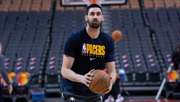 Feb 23, 2020; Toronto, Ontario, CAN; Indiana Pacers center Goga Bitadze (88) warms up against the Toronto Raptors at Scotiabank Arena. Mandatory Credit: Nick Turchiaro-USA TODAY Sports