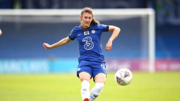 KINGSTON UPON THAMES, ENGLAND - MAY 09: Hannah Blundell of Chelsea in action during the Barclays FA Women's Super League match between Chelsea Women and Reading Women at Kingsmeadow on May 09, 2021 in Kingston upon Thames, England. Sporting stadiums around the UK remain under strict restrictions due to the Coronavirus Pandemic as Government social distancing laws prohibit fans inside venues resulting in games being played behind closed doors. (Photo by Chris Lee - Chelsea FC/Chris Lee - Chelsea FC)