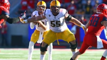 Nov 28, 2014; Tucson, AZ, USA; Arizona State Sun Devils offensive lineman Christian Westerman (55) against the Arizona Wildcats during the 88th annual territorial cup at Arizona Stadium. Mandatory Credit: Mark J. Rebilas-USA TODAY Sports