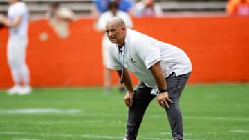 Florida Gators assistant coach for wide receivers Billy Gonzales watches a drill during fall football practice at Ben Hill Griffin Stadium at the University of Florida in Gainesville, FL on Saturday, August 5, 2023. [Matt Pendleton/Gainesville Sun]