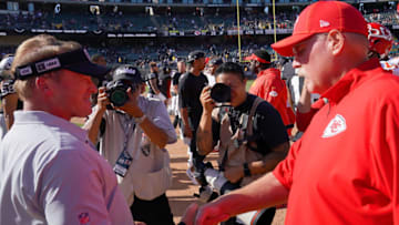 OAKLAND, CA - SEPTEMBER 15: Head coach Jon Gruden of the Oakland Raiders shakes hand with head coach Andy Reid of the Kansas City Chiefs after the Chiefs defeated the Raiders 28-10 at RingCentral Coliseum on September 15, 2019 in Oakland, California. (Photo by Thearon W. Henderson/Getty Images)