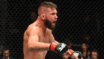 ST. LOUIS, MO - JANUARY 14: Jeremy Stephens celebrates his TKO victory over Dooho Choi of South Korea in their featherweight bout during the UFC Fight Night event inside the Scottrade Center on January 14, 2018 in St. Louis, Missouri. (Photo by Josh Hedges/Zuffa LLC/Zuffa LLC via Getty Images)