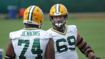 Green Bay Packers guard Elgton Jenkins (74) and offensive tackle David Bakhtiari (69) are shown Saturday, Aug. 15, 2020, during the team's first practice at training camp in Green Bay, Wis.Packers16 63 Hoffman