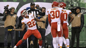 Kansas City Chiefs cornerback Marcus Peters (22) is flagged after picking up a penalty flag and throwing it into the crowd late in the fourth quarter against the New York Jets on Sunday, Dec. 3, 2017 at MetLife Stadium in East Rutherford, N.J. (David Eulitt/Kansas City Star/TNS via Getty Images)