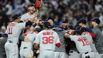 NEW YORK, NEW YORK - OCTOBER 09: The Boston Red Sox celebrate after beating the New York Yankees by a score of 4-3 to win Game Four American League Division Series at Yankee Stadium on October 09, 2018 in the Bronx borough of New York City. (Photo by Elsa/Getty Images)