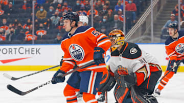 Edmonton Oilers forward Kailer Yamamoto (56) screens Anaheim Ducks goaltender Anthony Stolarz (41) Mandatory Credit: Perry Nelson-USA TODAY Sports