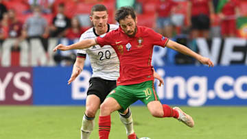 Germany's defender Robin Gosens (L) challenges Portugal's midfielder Bernardo Silva. (Photo by CHRISTOF STACHE/POOL/AFP via Getty Images)