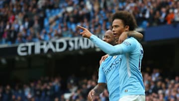 MANCHESTER, ENGLAND - SEPTEMBER 23: Raheem Sterling (L) of Manchester City celebrates scoring his sides second goal with his team mate Leroy Sane (R) during the Premier League match between Manchester City and Crystal Palace at Etihad Stadium on September 23, 2017 in Manchester, England. (Photo by Alex Livesey/Getty Images)