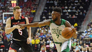 LAS VEGAS, NV - JULY 09: Jaylen Brown #7 of the Boston Celtics drives against Pat Connaughton #5 of the Portland Trail Blazers during the 2017 Summer League at the Thomas & Mack Center on July 9, 2017 in Las Vegas, Nevada. NOTE TO USER: User expressly acknowledges and agrees that, by downloading and or using this photograph, User is consenting to the terms and conditions of the Getty Images License Agreement. (Photo by Ethan Miller/Getty Images)